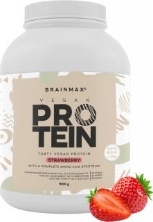 BrainMax Vegan protein, 1000 g  24 g bílkovin, 5,29 g BCAA, Kompletní Amino spektrum, Slazeno stévií, doplněk stravy Příchuť: Jahoda