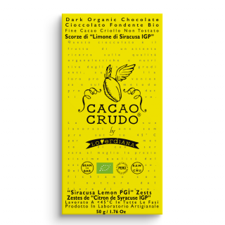 Cacao Crudo Raw Hořká čokoláda s citrónovou kůrou, BIO, 50 g  *IT-BIO-006 certifikát