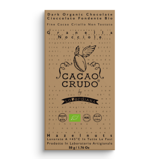 Cacao Crudo Raw Hořká čokoláda s nasekanými lískovými oříšky, BIO, 50 g  *IT-BIO-006 certifikát