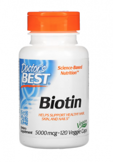 Doctor's Best Biotin, 5000 mcg, 120 rostlinných kapslí
