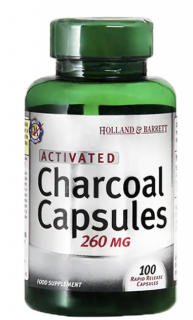 Holland & Barrett Activated Charcoal (aktivní uhlí), 260 mg, 100 kapslí