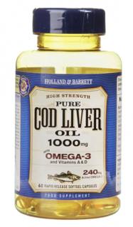 Holland & Barrett Cod liver oil (olej z tresčích jater), 1000 mg, 60 kapslí