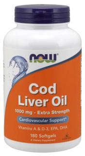 NOW Cod Liver Oil (omega 3, olej z tresčích jater), 1000 mg, 180 softgel kapslí
