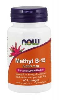 NOW Methyl B12 with Folic Acid (Vitamín B12 + Kyselina Listová v aktivních formách), 5000 mcg, 60 pastilek