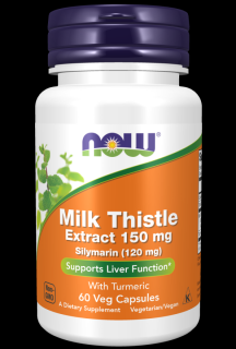 NOW Milk Thistle Extract with Turmeric, Ostropestřec mariánský extrakt s kurkumou, 150 mg, 60 rostlinných kapslí