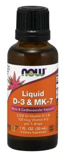 NOW Tekutý vitamin D3 & K2 MK-7, 500 IU & 20 ug v 1 kapce, 30 ml