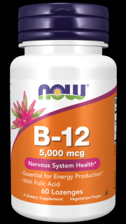 NOW Vitamin B12 with Folic Acid (Vitamín B12 + Kyselina Listová s kyselinou listovou), 5000 mcg, 60 pastilek