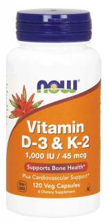 NOW Vitamin D3 & K2, 1000 IU / 45 ug, 120 rostlinných kapslí