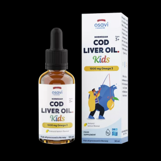 Osavi Norwegian Cod Liver Oil Kids, Norský olej z tresčích jater, pro děti, Omega 3, citrón, 1000 mg, 50 ml  doplněk stravy