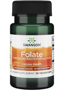 Swanson Folate (5-methyltetrahydrofolát), kyselina listová,  30 rostlinných kapslí  Doplněk stravy