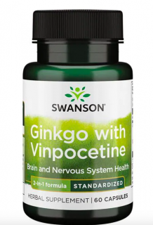 Swanson Ginkgo with Vinpocetine Standardized, ginkgo biloba standardizovaný extrakt s vinpocetinem, 60 kapslí