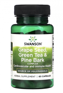Swanson Grape Seed, Green Tea & Pine Bark Complex,  polyfenoly z hroznových semen, zeleného čaje a kůry borovice, 60 kapslí  Doplněk stravy