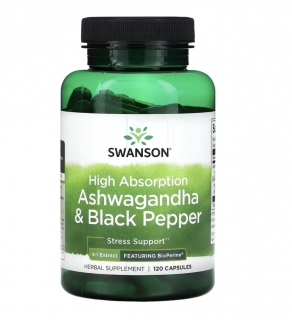 Swanson High Absorption Ashwagandha & Black Pepper, ashwagandha a černý pepř, 120 kapslí  Doplněk stravy