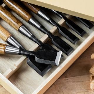Sada japonských ručně kovaných truhlářských dlát FUJIKAWA Oire z Shirogami 2 White Paper Steel - drevěný box - 10 kusů