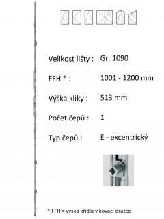 Lišta převodu ROTO NX - konstantní Typ čepu: E - excentrický, Typ / Výška křídla / Počet čepů: Gr. 1090 / 1001-1200 / 1