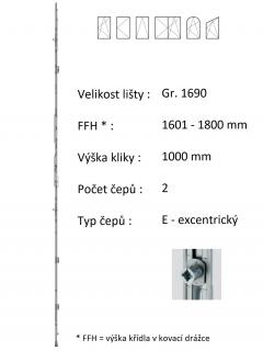 Lišta převodu ROTO NX - konstantní Typ čepu: E - excentrický, Typ / Výška křídla / Počet čepů: Gr. 1690 / 1601-1800 / 2*