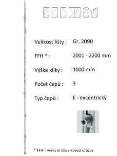 Lišta převodu ROTO NX - konstantní Typ čepu: E - excentrický, Typ / Výška křídla / Počet čepů: Gr. 2090 / 2001-2200 / 3