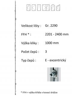 Lišta převodu ROTO NX - konstantní Typ čepu: E - excentrický, Typ / Výška křídla / Počet čepů: Gr. 2290 / 2201-2400 / 3