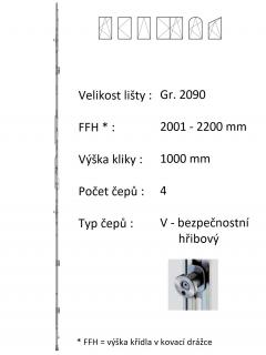 Lišta převodu ROTO NX - konstantní Typ čepu: V - hřibový bezpečnostní, Typ / Výška křídla / Počet čepů: Gr.2090 / 2001-2200 / 4