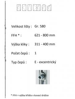 Lišta převodu ROTO NX - variabilní Typ čepu: E - excentrický, Typ / Výška křídla / Počet čepů: Gr.580 / 621-800 / 1