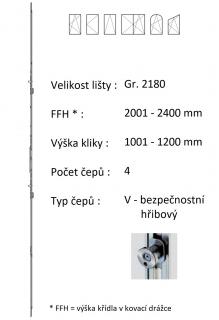 Lišta převodu ROTO NX - variabilní Typ čepu: V - hřibový bezpečnostní, Typ / Výška křídla / Počet čepů: Gr.2180 / 2001-2400 / 4
