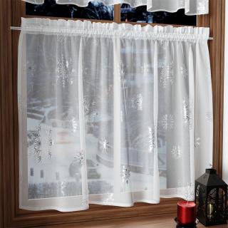 Vánoční voálová vitrážová záclona se stříbrným potiskem vloček s barevným vzorem, 40 cm