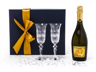 BOHEMIA CRYSTAL Šampaňské v dárkovém balení, lahev značkového sektu Mucha a 2ks. broušených sklenic