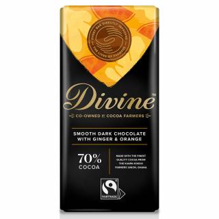 Hořká čokoláda Divine 70% zázvor a pomeranč, 90 g  Fairtrade