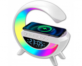 LED světlo Bluetooth reproduktor bezdrátová nabíječka QI Hodiny Rádio FM Budík