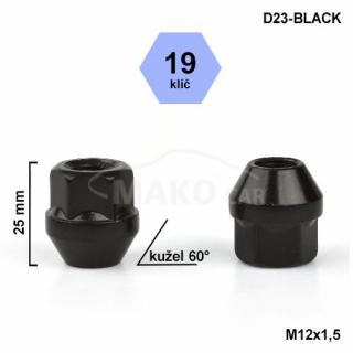 Kolová matice M12x1,25mm, dosedací plocha kužel, otevřená, klíč 19, barva černá (Matice na kola)