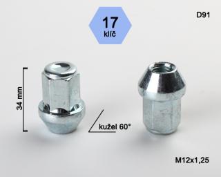 Kolová matice M12x1,25mm, dosedací plocha kužel, zavřená, klíč 17, pozink (Matice na kola)