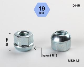 Kolová matice M12x1,5mm, dosedací plocha koule R12, klíč 19, pozink (Matice na kola)