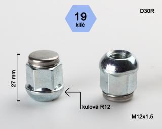 Kolová matice M12x1,5mm, dosedací plocha koule R12, nerez víčko, klíč 19, pozink (Matice na kola)