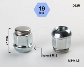 Kolová matice M14x1,5mm, dosedací plocha koule R12, nerez víčko, klíč 19, pozink (Matice na kola)