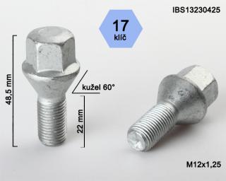 Kolový šroub M12x1,25x22mm, dosedací plocha kužel, klíč 17, pozink (Šroub na kola)