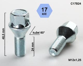 Kolový šroub M12x1,25x24mm, dosedací plocha kužel, klíč 17, pozink (Šroub na kola)