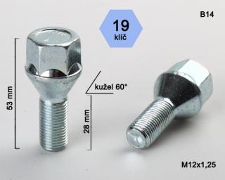 Kolový šroub M12x1,25x28mm, dosedací plocha kužel, klíč 19, pozink (Šroub na kola)