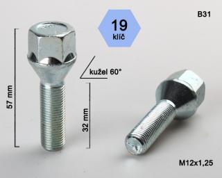 Kolový šroub M12x1,25x32mm, dosedací plocha kužel, klíč 19, pozink (Šroub na kola)