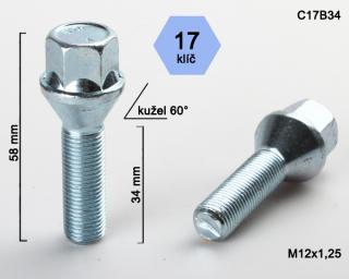 Kolový šroub M12x1,25x34mm, dosedací plocha kužel, klíč 17, pozink (Šroub na kola)