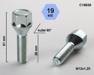 Kolový šroub M12x1,25x36mm, dosedací plocha kužel, klíč 19, pozink (Šroub na kola)