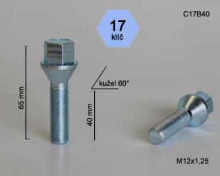 Kolový šroub M12x1,25x40mm, dosedací plocha kužel, klíč 17, pozink (Šroub na kola)