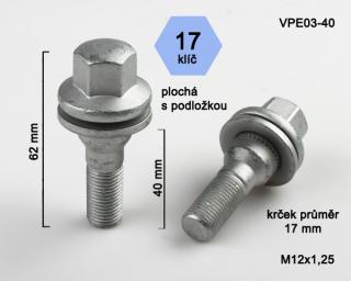 Kolový šroub M12x1,25x40mm, plochá podložka, klíč 17, pozink (Šroub na kola)