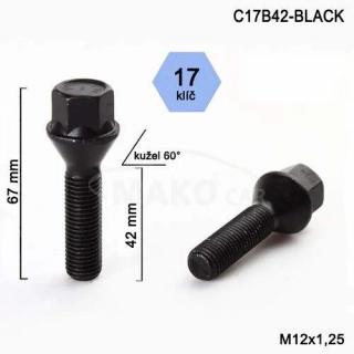 Kolový šroub M12x1,25x42mm, dosedací plocha kužel, klíč 17, černý pozink (Šroub na kola)