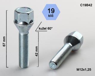 Kolový šroub M12x1,25x42mm, dosedací plocha kužel, klíč 19, pozink (Šroub na kola)