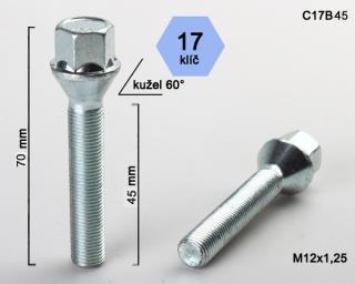 Kolový šroub M12x1,25x45mm, dosedací plocha kužel, klíč 17, pozink (Šroub na kola)