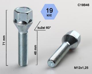 Kolový šroub M12x1,25x46mm, dosedací plocha kužel, klíč 19, pozink (Šroub na kola)