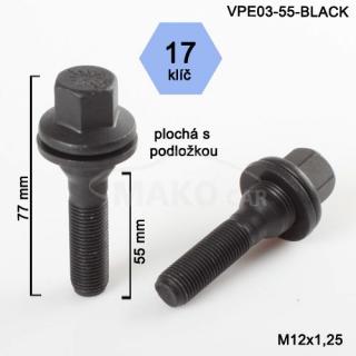 Kolový šroub M12x1,25x55mm, plochá podložka, klíč 17, čený (Šroub na kola)