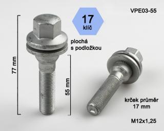 Kolový šroub M12x1,25x55mm, plochá podložka, klíč 17, pozink (Šroub na kola)