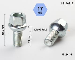 Kolový šroub M12x1,5x21mm dosedací plocha koule R12, klíč 17, pozink (Šroub na kola)