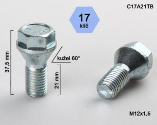 Kolový šroub M12x1,5x21mm, kužel 60° s krátkou hlavou, klíč 17, pozink (Kolový šroub s krátkou hlavou)